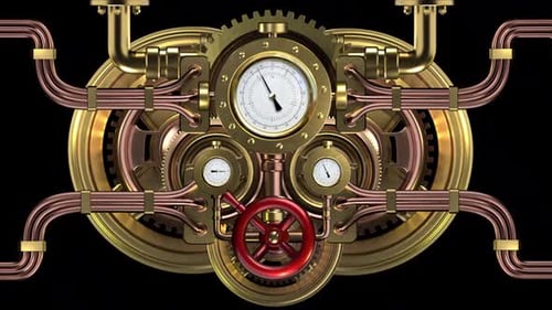 Animated Steampunk Industrial Mechanism with Moving Gears and Dials
