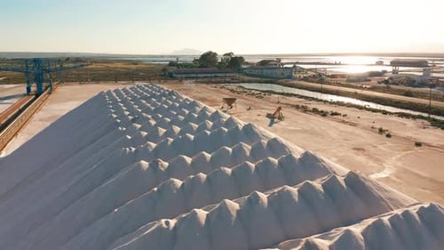 Aerial View of Industrial Extraction of Salt in the Desert, Pile of Salt.