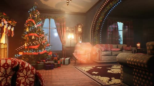 Cozy Christmas Living Room with Twinkling Holiday Lights Background