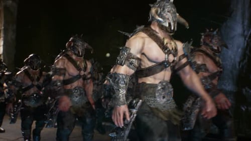 3D Animated Fantasy Orc Warriors Marching in Dungeon