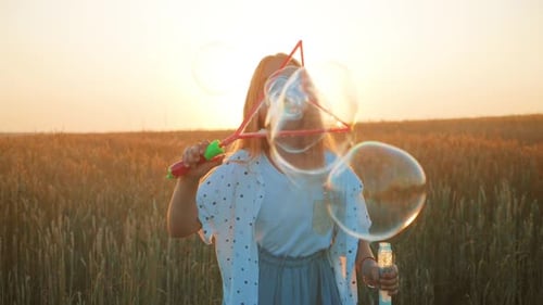 Little Girl Blowing Soap Bubbles in Wheat Field at Sunset Time. Slow Motion Video.