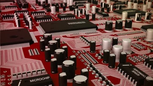 Circuit motherboard with processor and complex electronics, chips, semiconductor