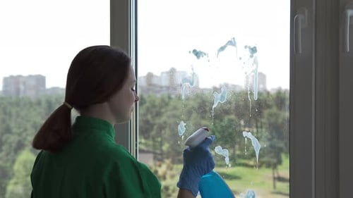 Woman Cleaning Window with Spray and Cloth