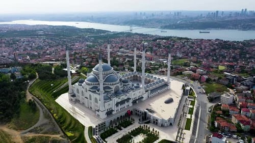 Aerial Drone View of Istanbul Camlica Mosque and Bosphorus