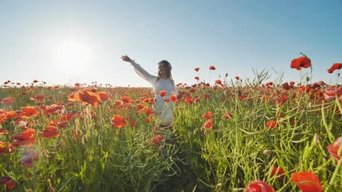Ukrainian Girl Walking Through a Red Poppy Field