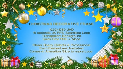 Animated Christmas Decorative Frame with Ornaments and Stars