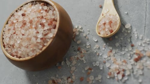 Himalayan Pink Salt Crystals in Bowl and Spoon