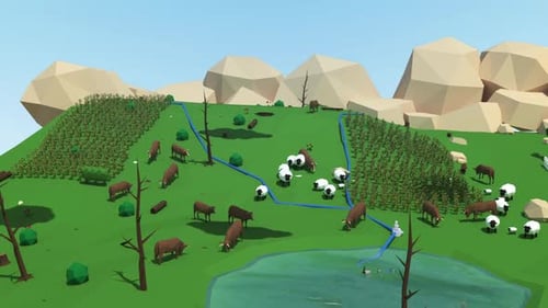Animación 3D Low Poly de transformación de área forestal en granja