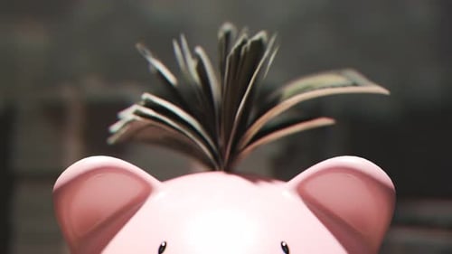 Cute pink piggy bank stuffed with dollars and surrounded by piles of money. 4KHD