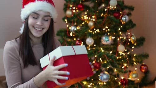 Pretty Caucasian Happy Brunette Woman Santa Hat Red Gift Box Decorated Fir Tree