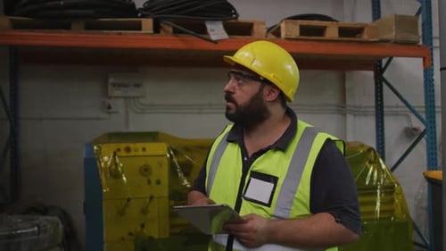 Caucasian male factory worker at a factory, wearing a hat and glasses, checking stock
