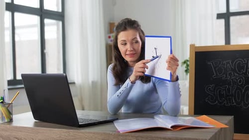 Teacher Teaching Online Class Showing a Clock Drawing