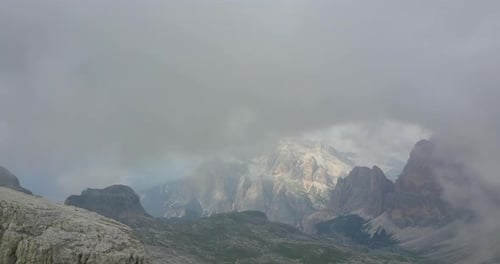 Aerial drone view of fog and foggy landscapes in the mountains.