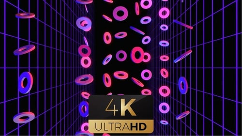 Futuristic Neon Rings Falling Through Cyber Grid Tunnel