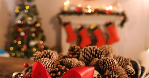 Festive Christmas Wreath With Tree and Fireplace