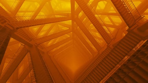 Colorful stair maze descent loop. Bright orange light and foggy atmosphere. 4K
