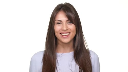 Woman Smiling and Talking on White Background