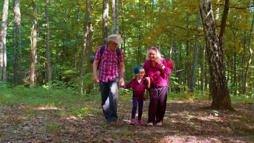 Grandparents and Granddaughter Walking Together in Forest