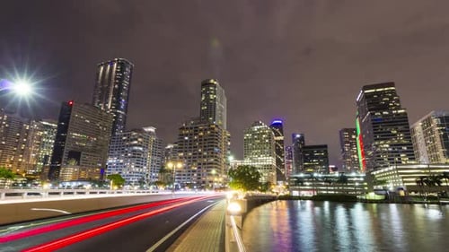 Brickell Key Drive and Miami Downtown at Night