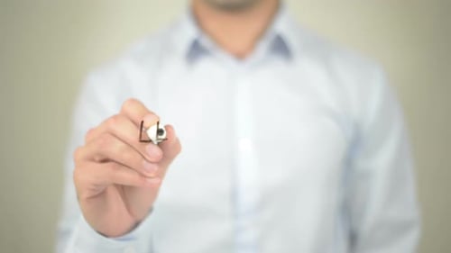 Man Writing Learn English on Transparent Surface