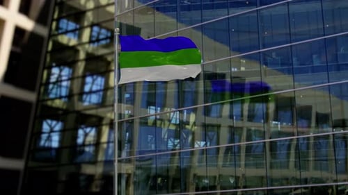 Realistic Waving Blue Green White Flag Animation on Modern Building