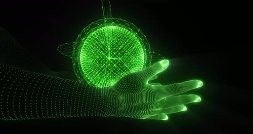 main sur Réseau mondial Carte du monde intelligence artificielle numérique Technologie AI Cloud de données 5G vert