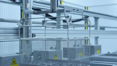 Metallbehälter mit Werkstücken, die sich in der Werkstatt bewegen. Produktions-Linie