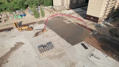 Aerial View Road Construction Site and a Big Pump for Concrete Pouring Road
