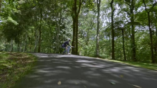 Skateboarder Glides Down Paved Path in Forest Park