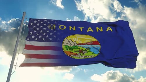 Montana Flag Blends Seamlessly with USA Flag Waving in Blue Sky