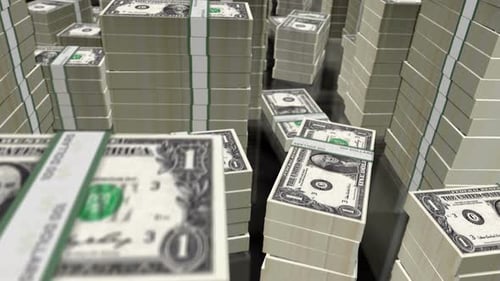 Animação em loop de pacotes de notas de dinheiro em 3D sobre o dólar