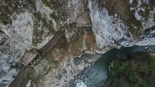 Abandoned Old Dangerous Road in a Narrow Gorge Along the Mzymta River