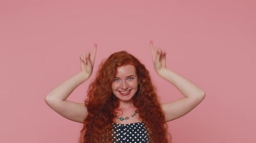 Girl Pointing Empty Place Advertising Area for Commercial Text Copy Space for Goods Promotion