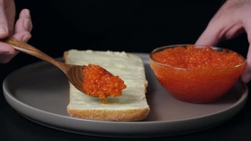 Preparing Open-Faced Sandwich with Butter and Caviar