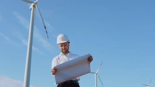 A Male Engineer in a White Helmet and a Classic Shirt Inspects the Power Plant's Capacity and Reads