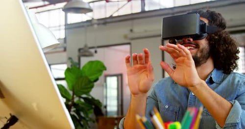 Man Experiencing Virtual Reality in Modern Office