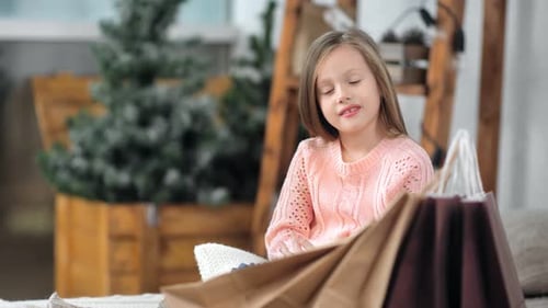 Girl with Shopping Bags Near Christmas Decorations