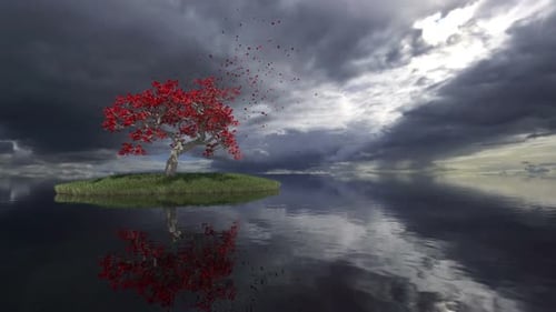 Dramatic Red Leaves Fall from a Solitary Tree on Water