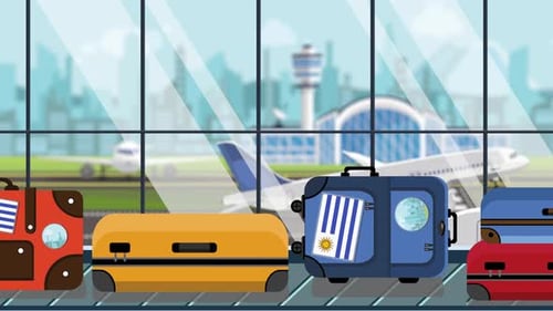 Flat Design Luggage With Uruguay Flag Moving On Airport Conveyor Belt