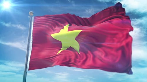 Realistic 3D Vietnam Flag Waving in Wind with Blue Sky