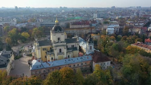 Aerial Video of Saint Yura Church in Central Part of Old City of Lviv, Ukraine