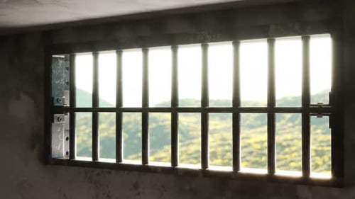 Animation of a grunge prison cell with landscape outside the barred-up window.