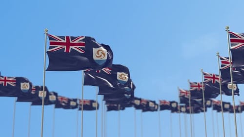 Anguilla Flags Waving in Formation against Blue Sky Loop