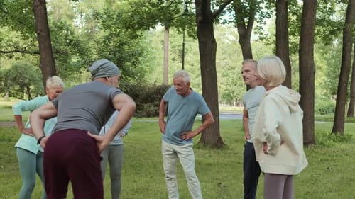 Seniors Exercise Together in the Park with Trainer