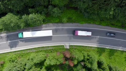 Säule eines Fracht-LKW-Personenbusses und Autos bewegt sich entlang einer Forststraße