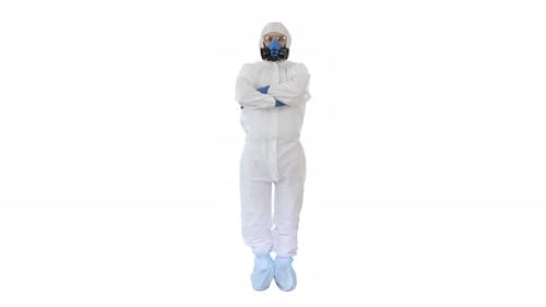 Protective Hazmat Suit and Respirator Standing Still