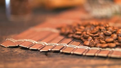Coffee Beans Piled on Bamboo Mat Still Life