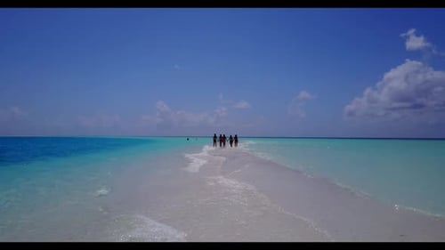 Beautiful ladies happy together on tranquil island beach time by aqua blue sea and clean sandy backg