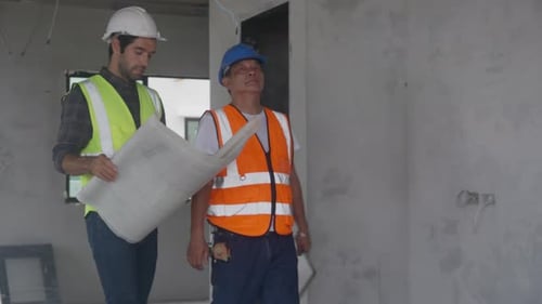 Construction Workers Looking at Blueprint On-Site