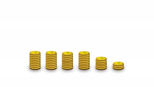 Animated Bar Chart with Declining Coin Stacks and Downward Arrow